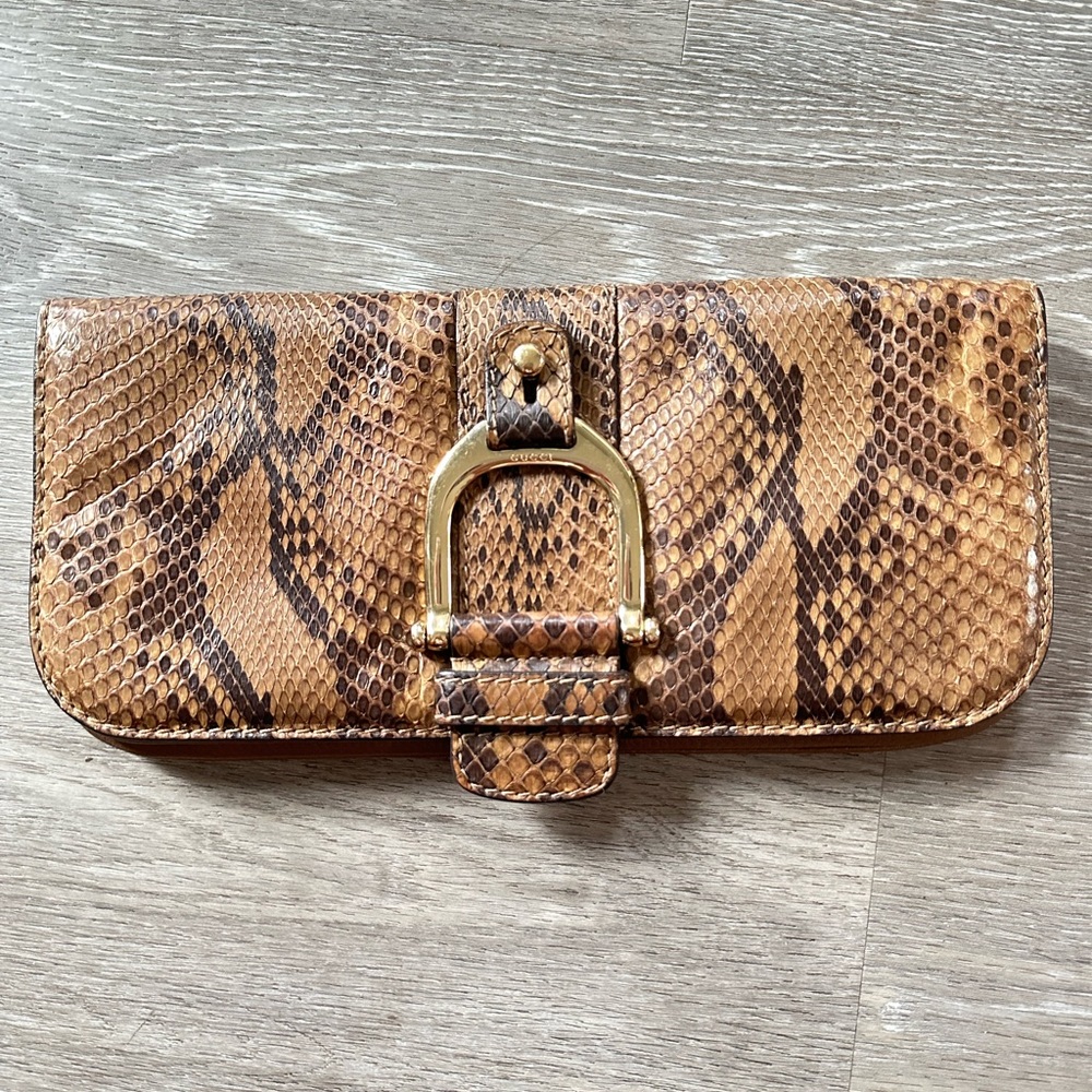 Gucci brown phyton and greenwich leather clutch